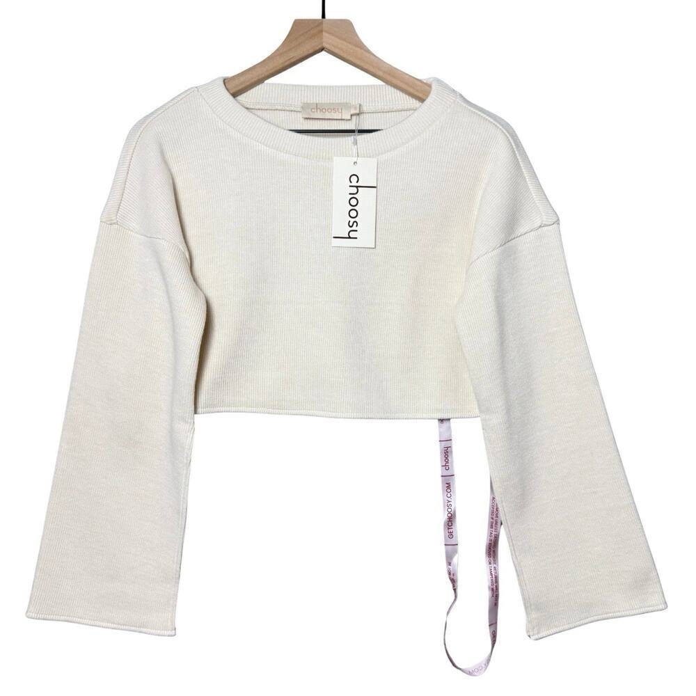 Choosy Elsa Cream Cropped Slouchy Slit Bell Sleeve Boxy Sweater Size Small New